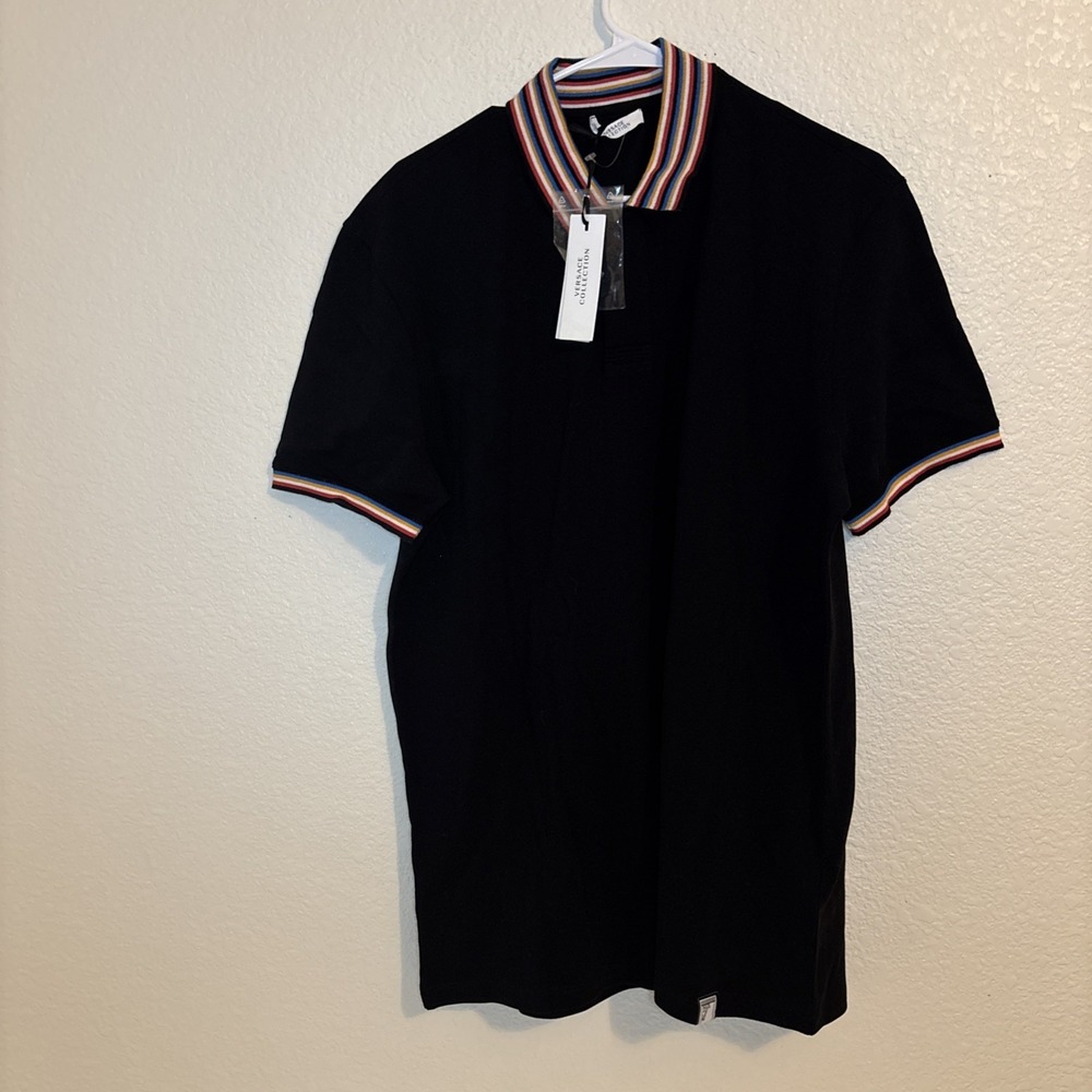 Versace Collection black Pique Polo Shirt Medusa Tab Striped Collar Men's 2XL